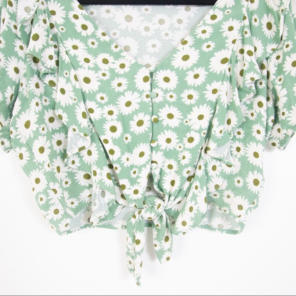 Forever 21 Green Daisy V-Neck Tie Blouse - Picture 4 of 12
